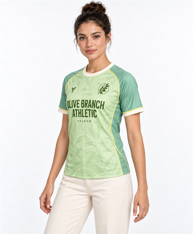 YELSOO Unisex Olive Branch Athletic Jersey in pistachio — model angle view