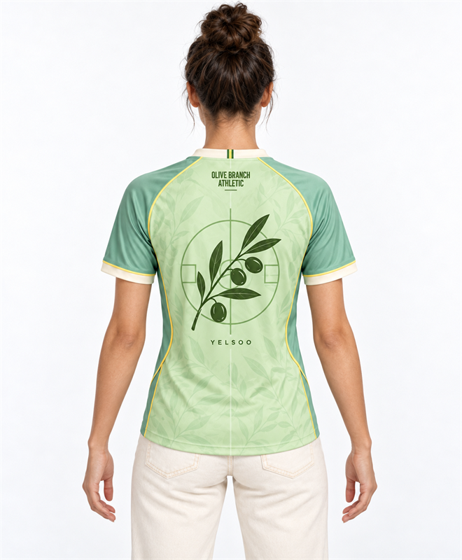 YELSOO Unisex Olive Branch Athletic Jersey in pistachio — model back view