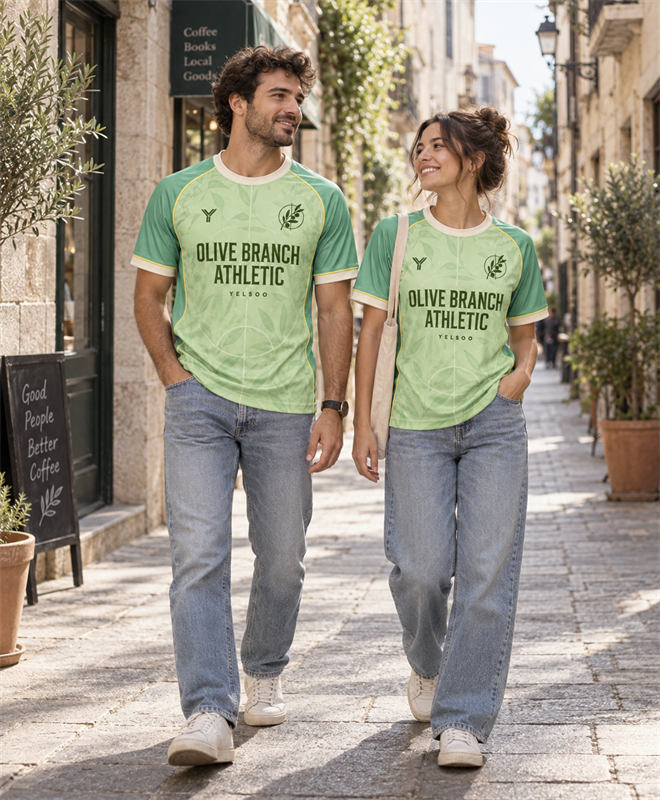 YELSOO Unisex Olive Branch Athletic Jersey in pistachio — street lifestyle view
