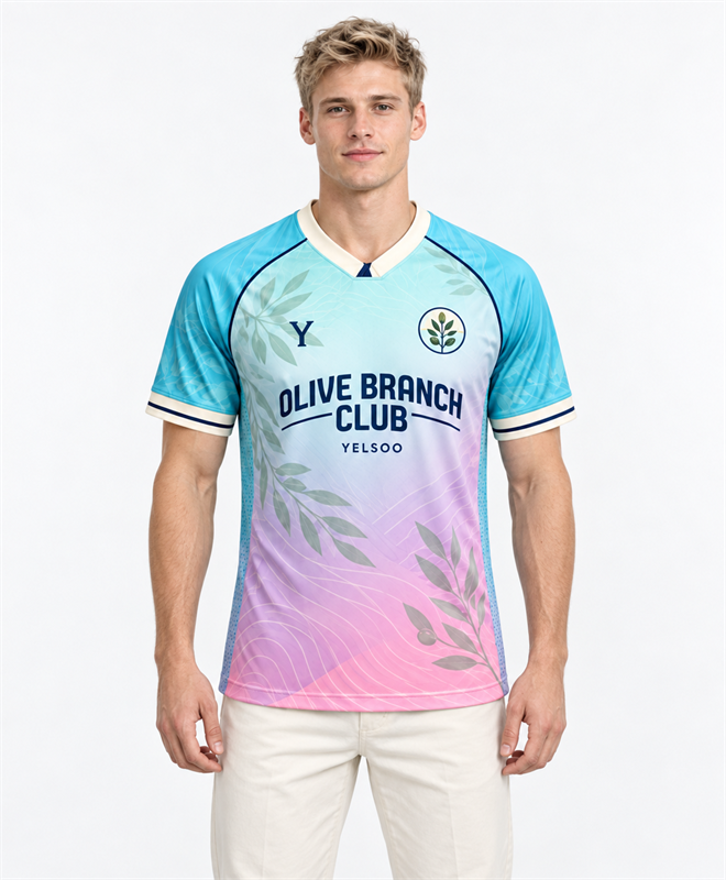 YELSOO Unisex Olive Branch Club Jersey in aqua pink gradient — male model front view