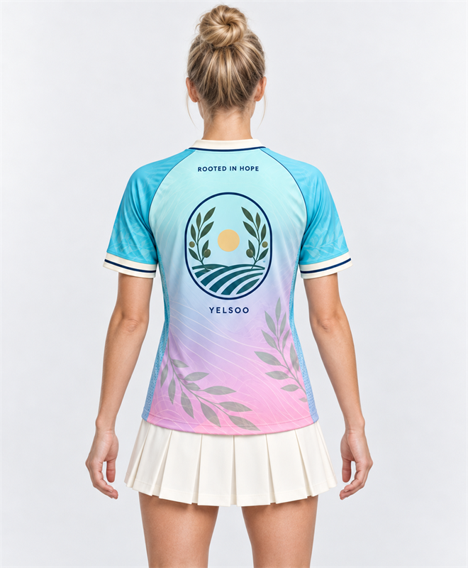 YELSOO Unisex Olive Branch Club Jersey in aqua pink gradient — model back view