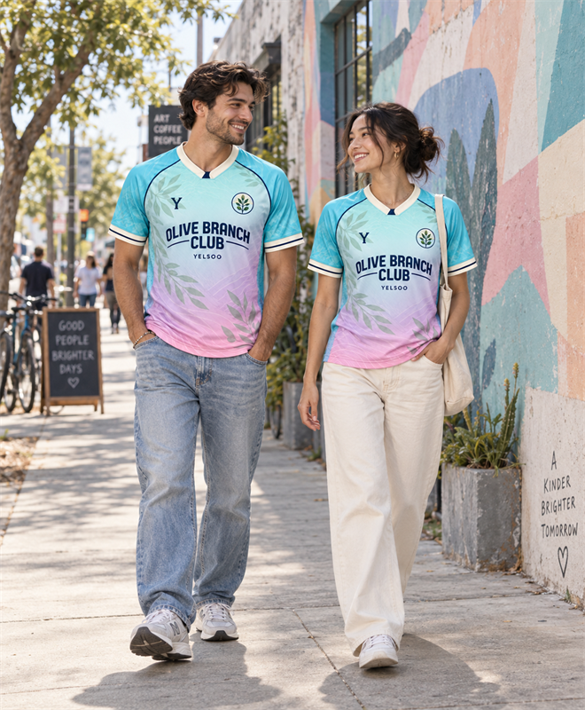YELSOO Unisex Olive Branch Club Jersey in aqua pink gradient — street lifestyle view