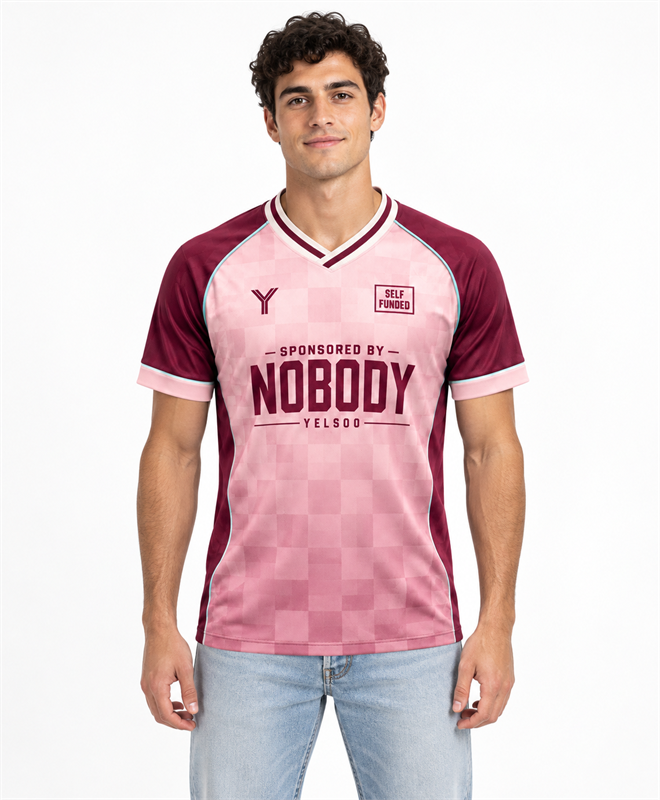 YELSOO Unisex Sponsored By Nobody Jersey in pink burgundy — male model front view