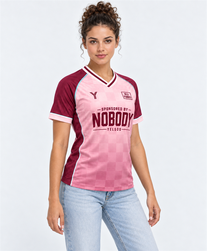 YELSOO Unisex Sponsored By Nobody Jersey in pink burgundy — model angle view