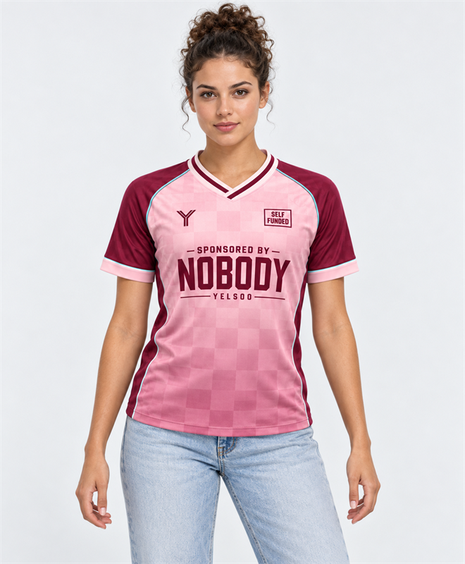 YELSOO Unisex Sponsored By Nobody Jersey in pink burgundy — model front view