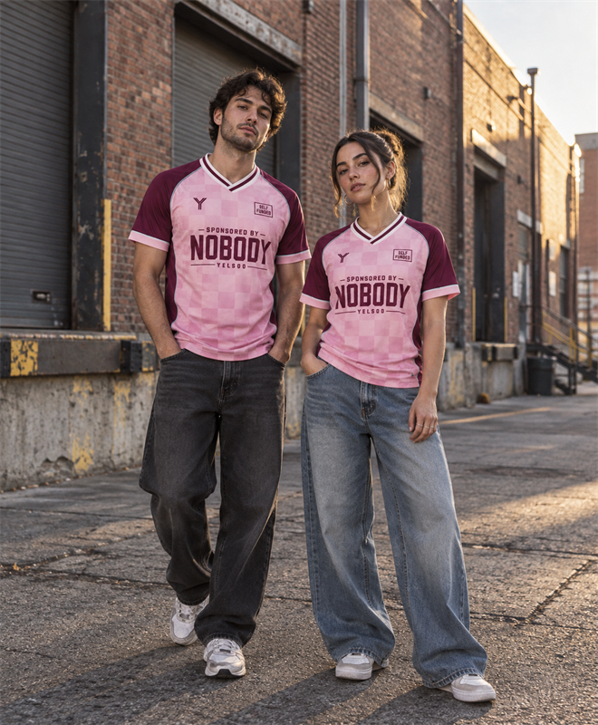 YELSOO Unisex Sponsored By Nobody Jersey in pink burgundy — street lifestyle view