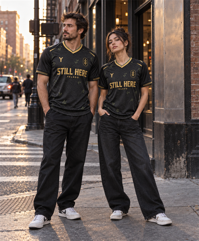 YELSOO Unisex Still Here Jersey in black gold — street lifestyle view