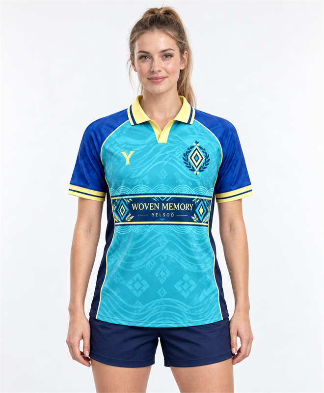 YELSOO Unisex Woven Memory Jersey in turquoise blue yellow — female model front view