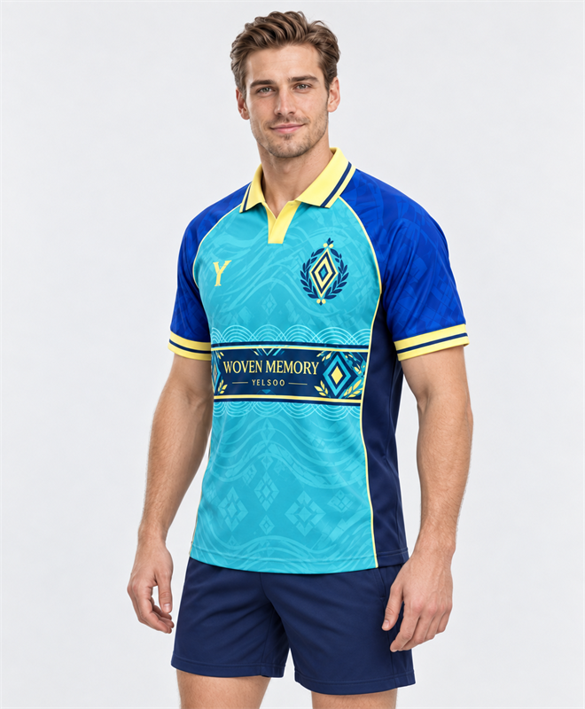 YELSOO Unisex Woven Memory Jersey in turquoise blue yellow — model angle view