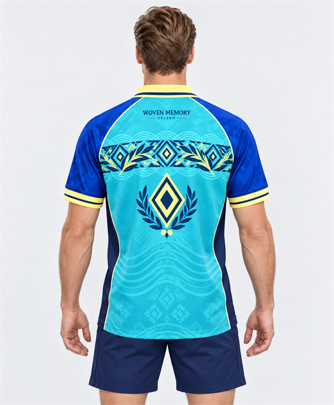 YELSOO Unisex Woven Memory Jersey in turquoise blue yellow — model back view