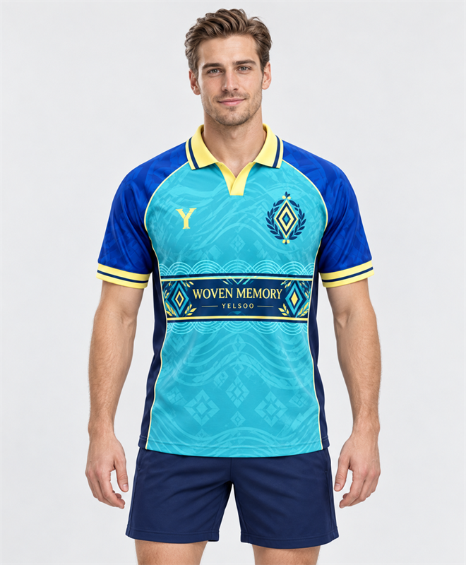 YELSOO Unisex Woven Memory Jersey in turquoise blue yellow — model front view