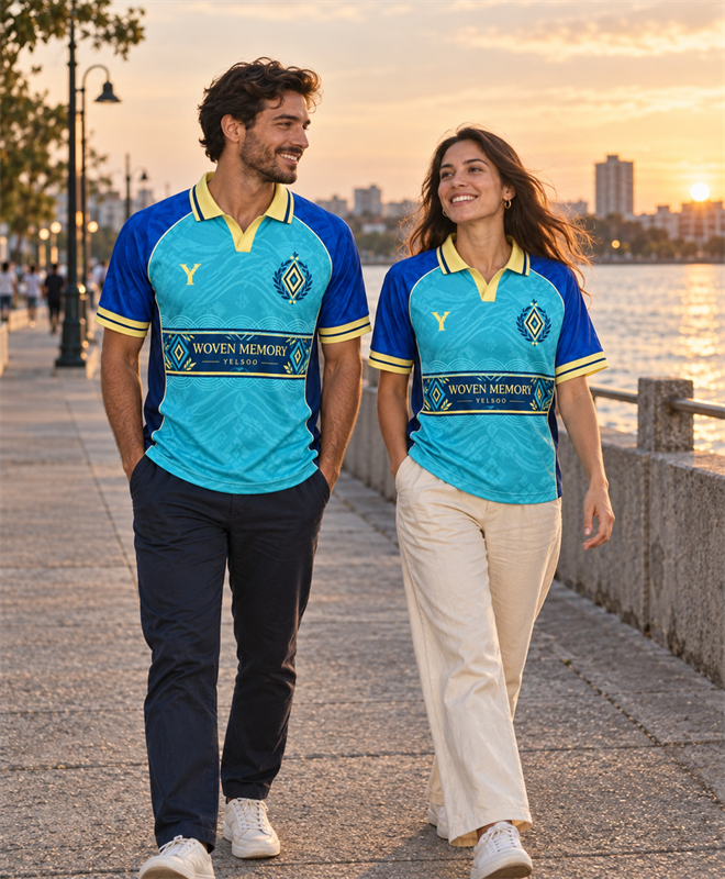 YELSOO Unisex Woven Memory Jersey in turquoise blue yellow — street lifestyle view